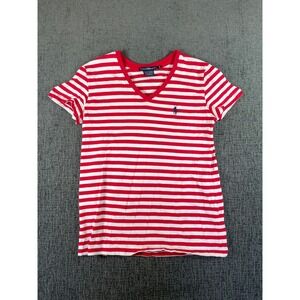 Ralph Lauren Sport Womens Red White Striped V-Neck T-Shirt Size M Short Sleeve